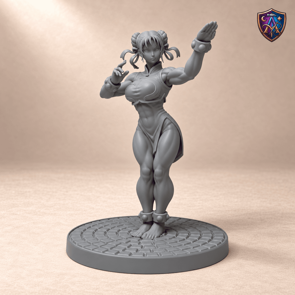 Digital product render of Human Monk with Studded Cuffs and Ribboned Hair Buns, female – Miniature for DnD & Tabletop RPG, 32/54/75 mm, unpainted, Resin in unpainted grey