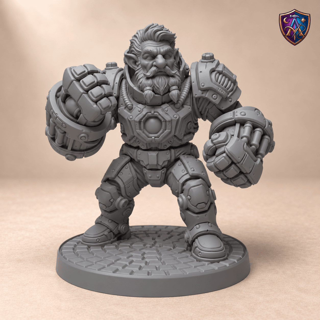 Digital product render of Gnome Inventor in Mechanical Armour with Armoured Fists, male – Miniature for DnD & Tabletop RPG, 32/54/75 mm, unpainted, Resin in unpainted grey