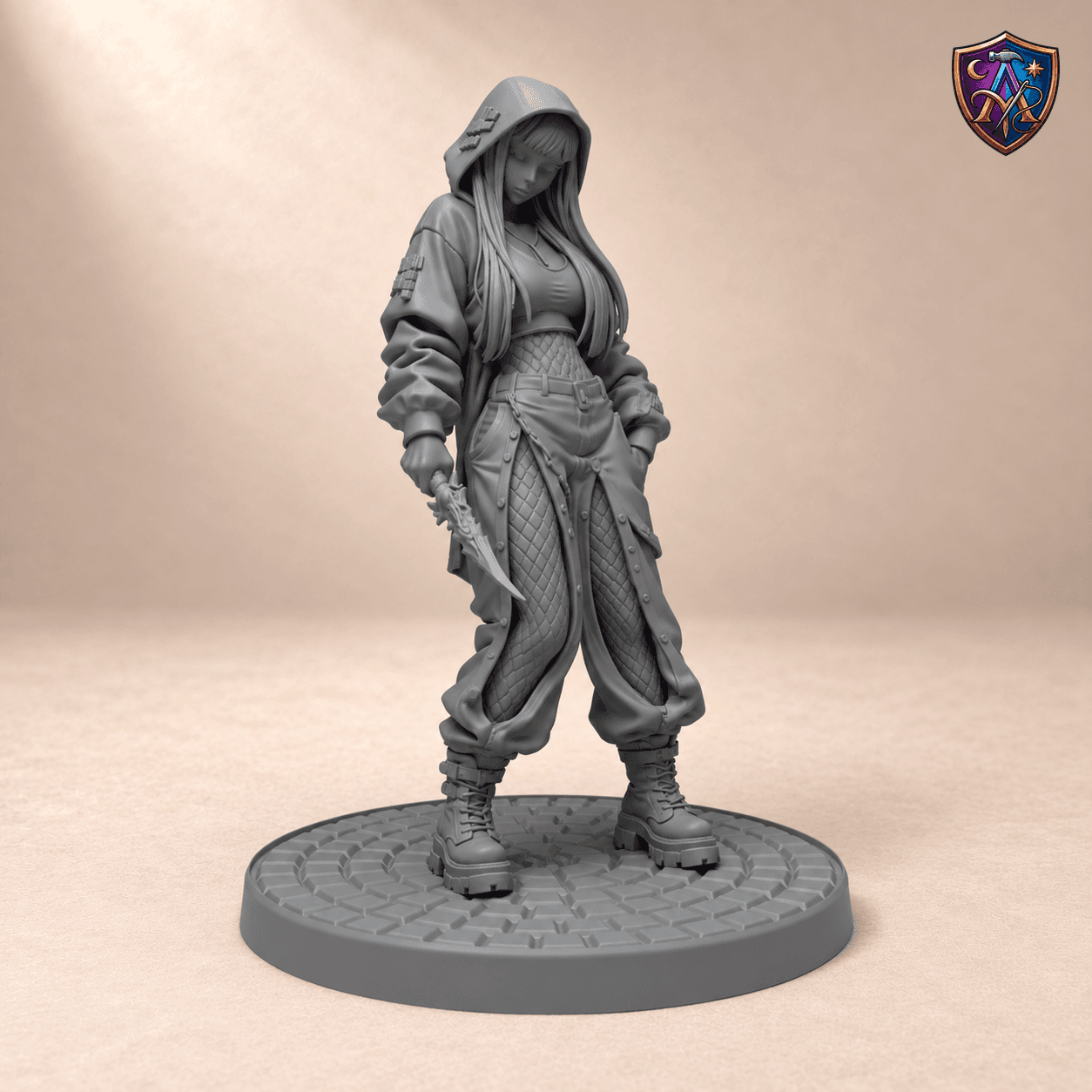 Digital product render of Human Rogue with Serrated Dagger and Hooded Jacket, female – Miniature for DnD & Tabletop RPG, 32/54/75 mm, unpainted, Resin in unpainted grey