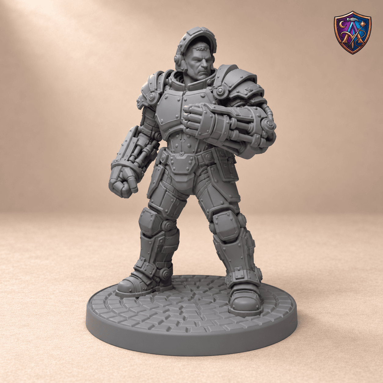 Digital product render of Human Inventor in Riveted Armour with Mechanical Gauntlets & Helmet, male – Miniature for DnD & Tabletop RPG, 32/54/75 mm, unpainted, Resin in unpainted grey
