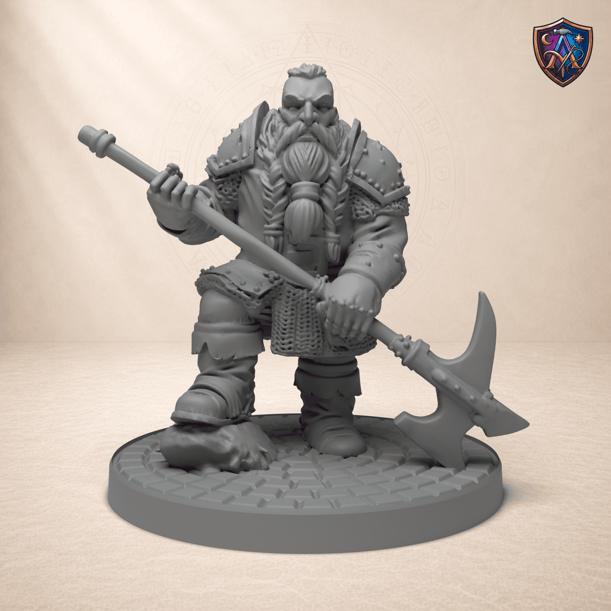 Digital product render of Dwarf Fighter – Unpainted 32mm Resin Miniature for Tabletop RPGs in unpainted grey