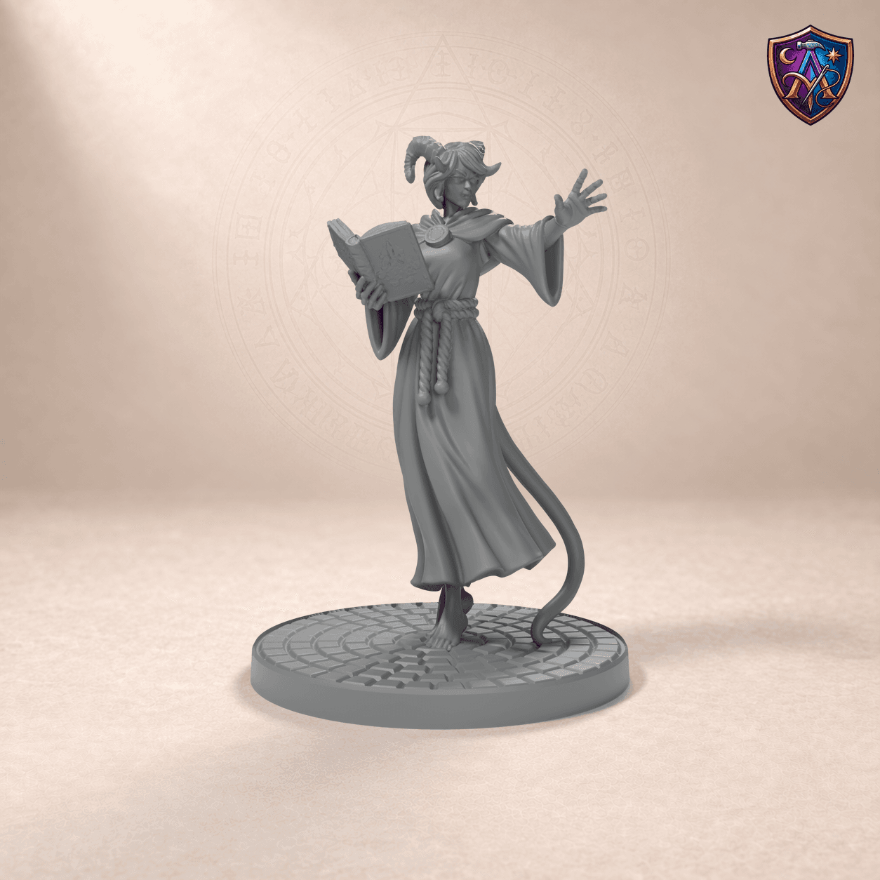 Digitaler Produkt-Render (1 von 6) von Tiefling-Klerikerin mit Zauberbuch in unbemaltem Dunkelgrau.