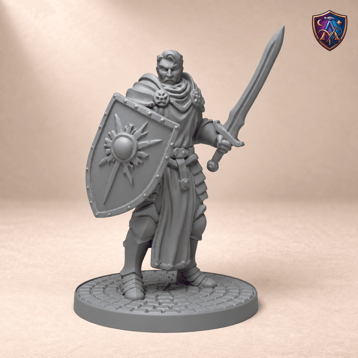 Digitaler Produkt-Render (1 von 2) von Mensch-Paladin mit Schwert in unbemaltem Dunkelgrau.