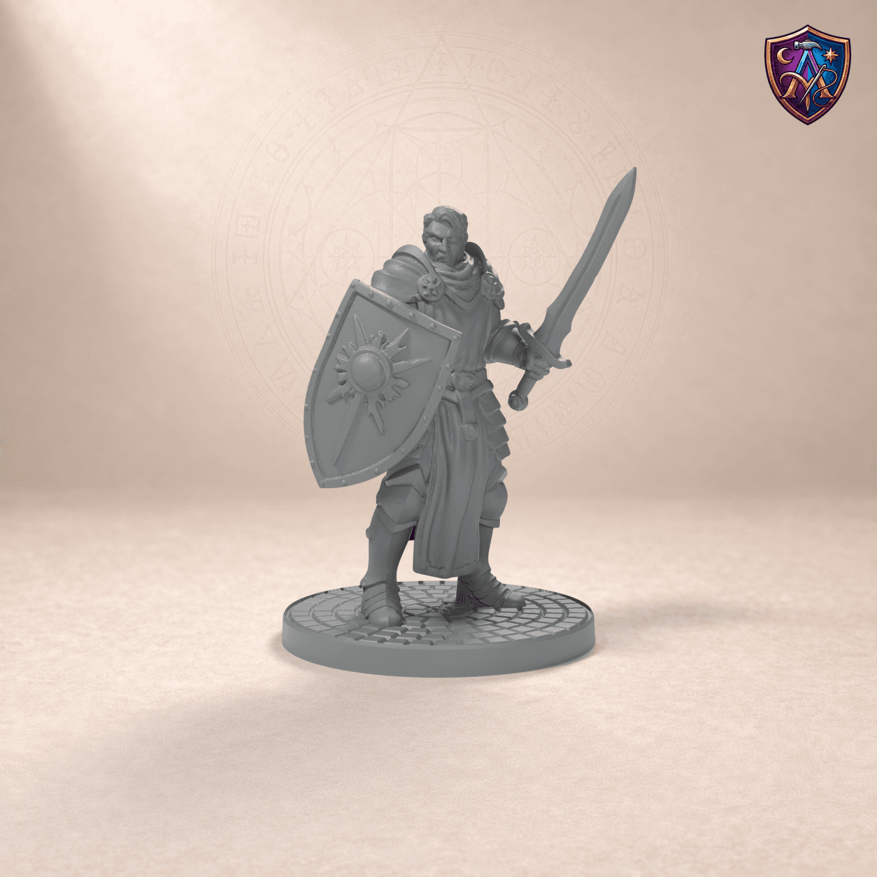 Digitaler Produkt-Render (1 von 6) von Mensch-Paladin mit Schwert und Schild in unbemaltem Dunkelgrau.