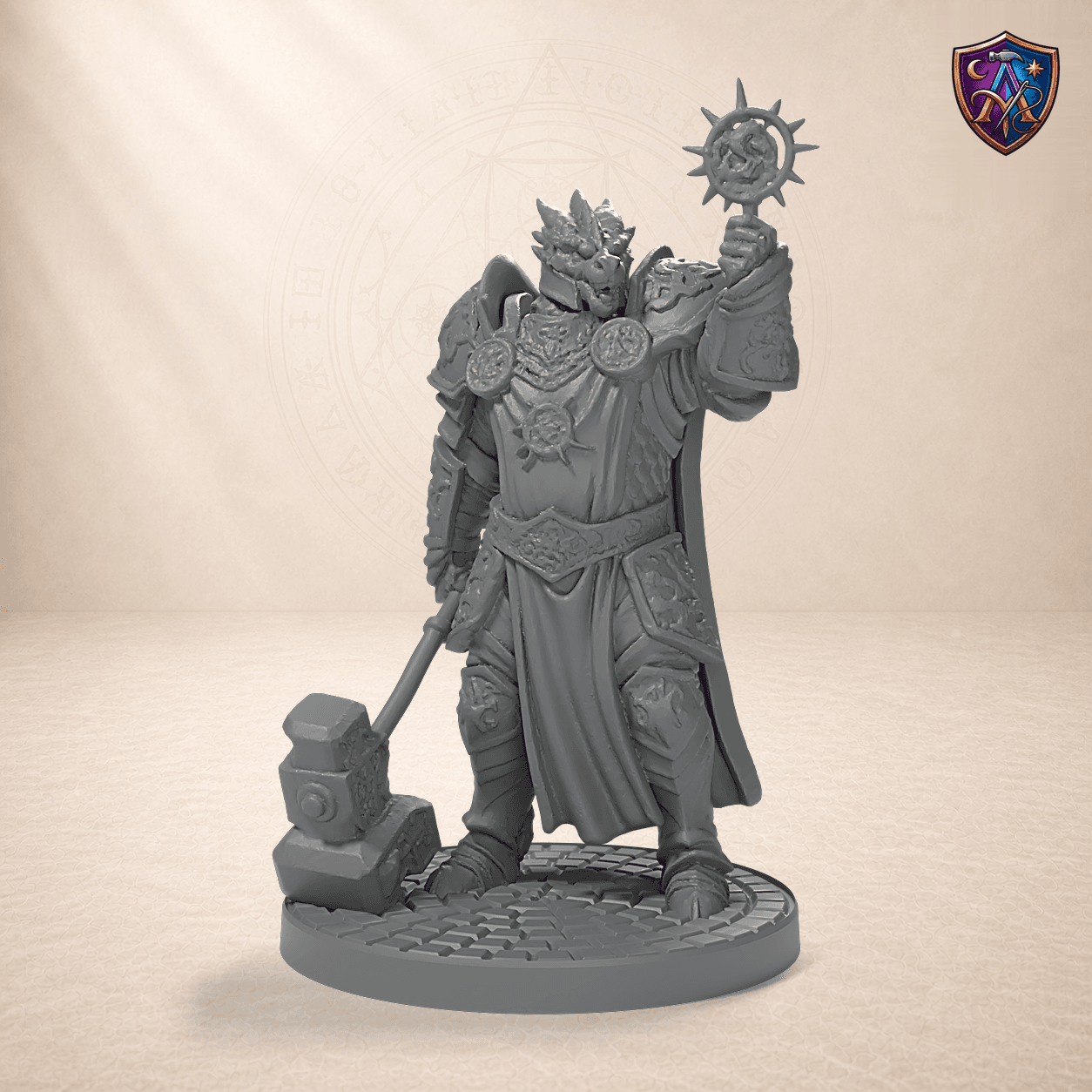 Digitaler Produkt-Render (1 von 6) von Dragonborn-Paladin mit Kriegshammer und Zepter in unbemaltem Dunkelgrau.