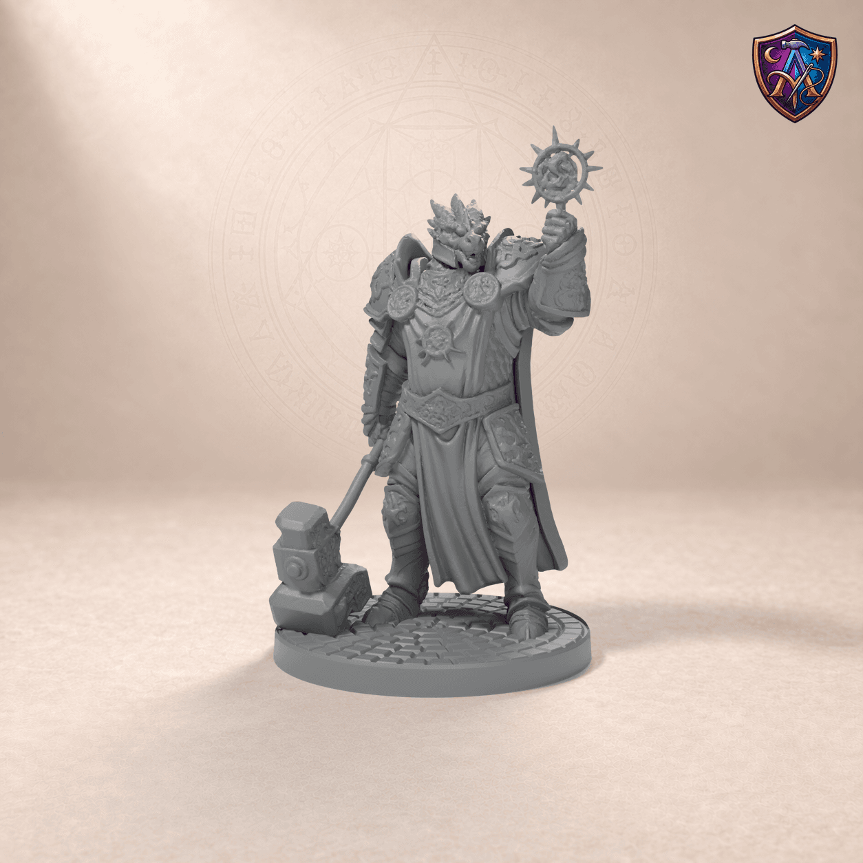 Digital product render of Dragonborn Paladin – Unpainted 32/54/75mm Resin Miniature for Tabletop RPGs in unpainted grey